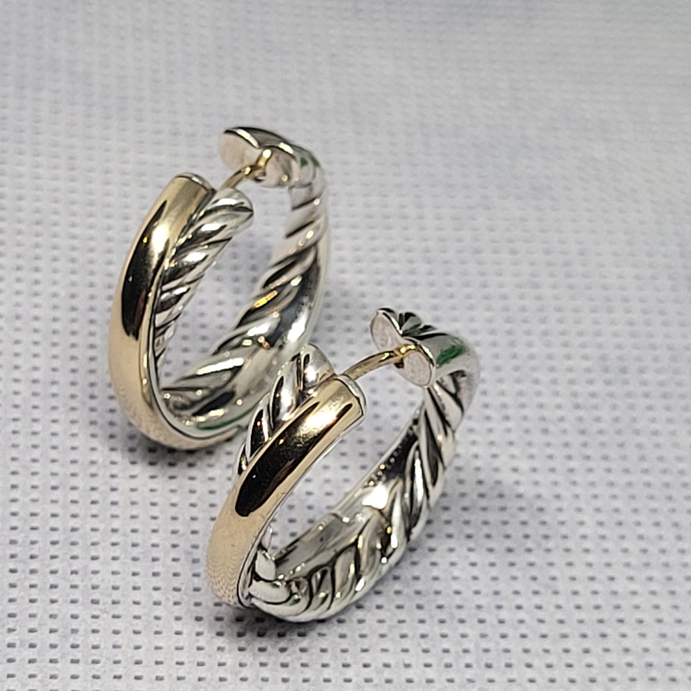 David Yurman Bold Crossover Hoop Earrings Sterling Silver 14K Gold. #39